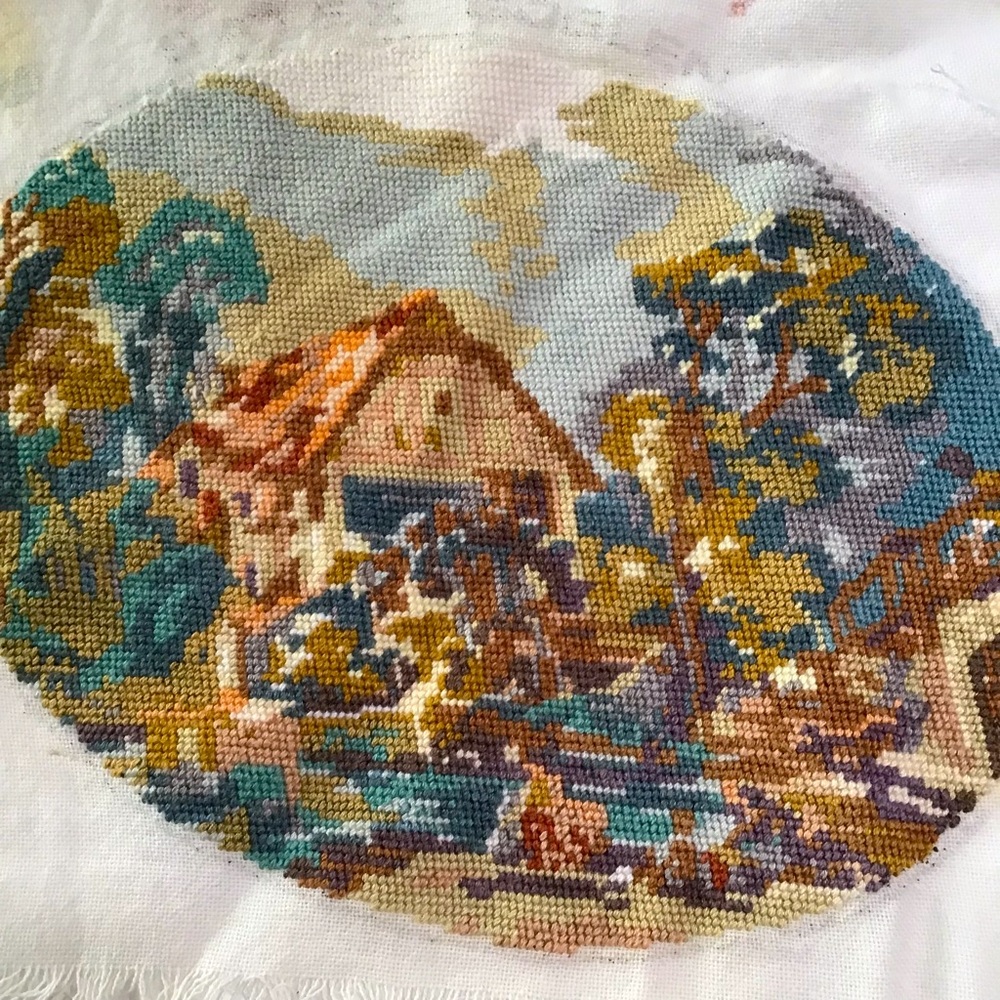 Finished Needlepoint Piece Woodland Cottage Brown  10" x 9" Unframed Goblen VTG